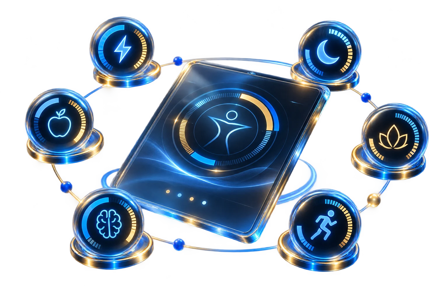 Wellness assessment interface with energy, sleep, nutrition and focus icons